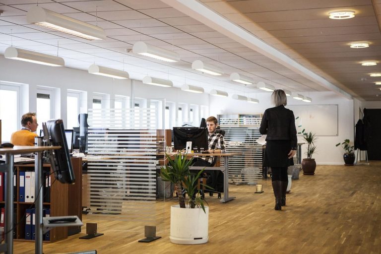 Open-plan office with staff working at desks