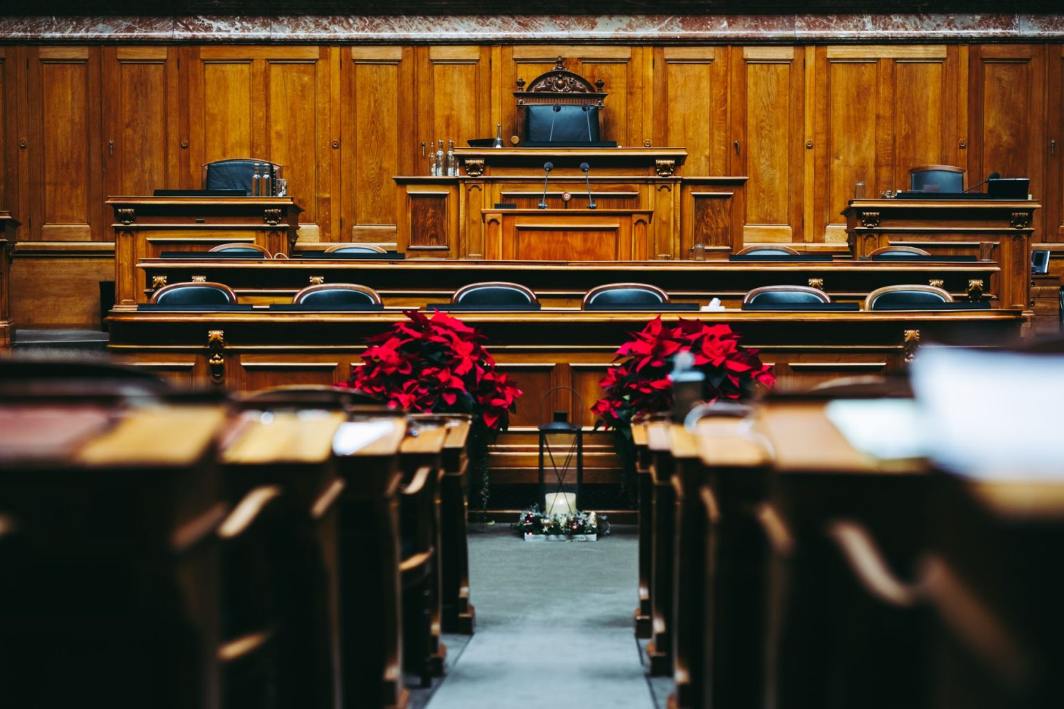 An empty wooden courtroom