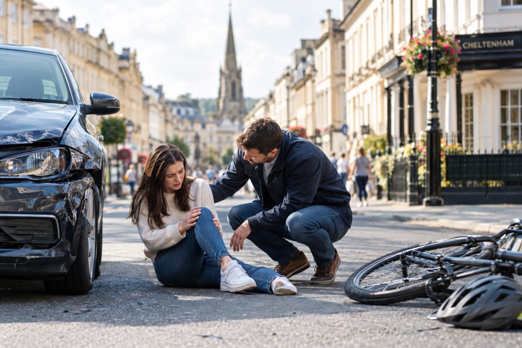 the-most-common-types-of-personal-injury-claims-in-cheltenham A woman sits injured in a Cheltenham street after a collision between a car and a cyclist, as a man kneels to help her
