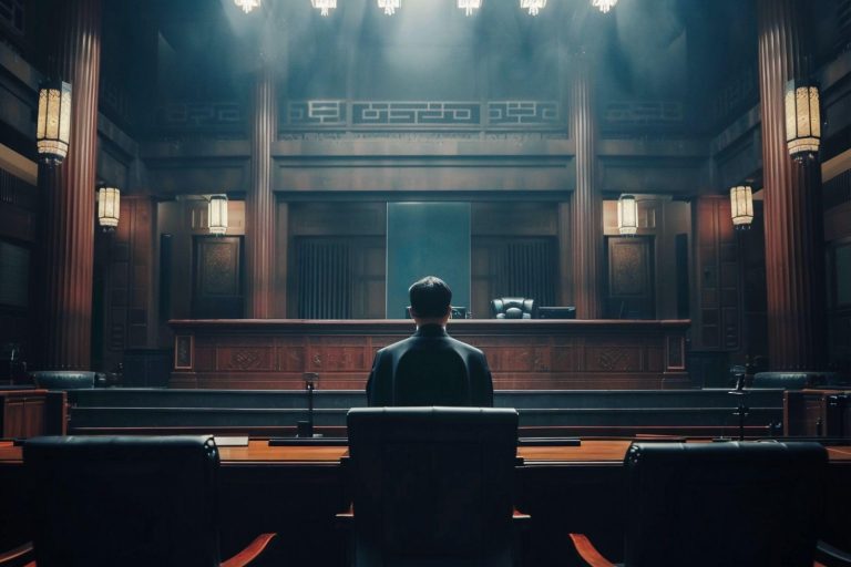 Man seated alone facing the bench in an empty courtroom
