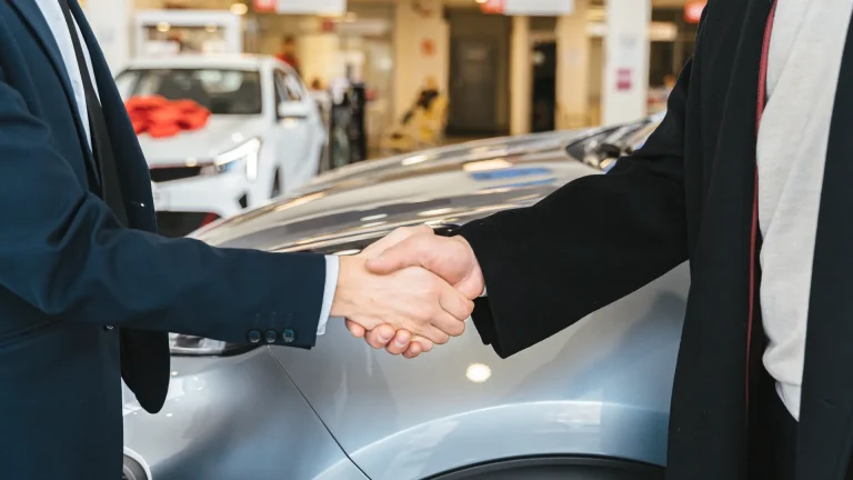 Car dealer and customer shaking hands on a finance deal in a showroom
