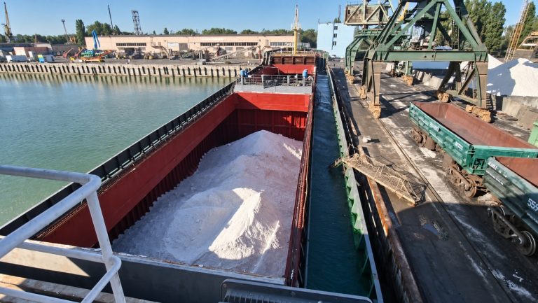 Bulk vessel loading cargo alongside a port quay, supplied by Kiev Shipping Ltd