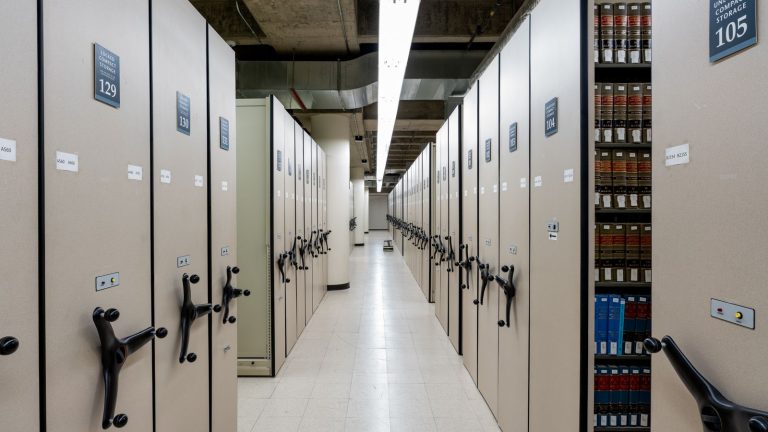 Shelves of law books in a library