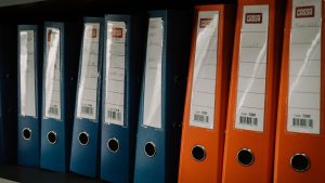 Row of coloured office binders on a shelf