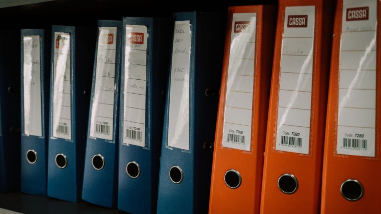 Row of coloured office binders on a shelf