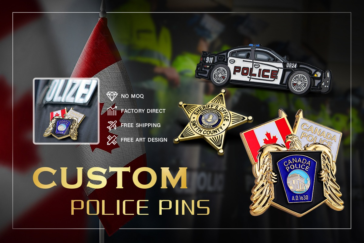 Law News | What to Know About Intellectual Property When Ordering Custom Police Challenge Coins and Pins in the U.S. GS-JJ custom police pins, including a police car pin, a sheriff's office star badge and a Canada Police eagle shield pin