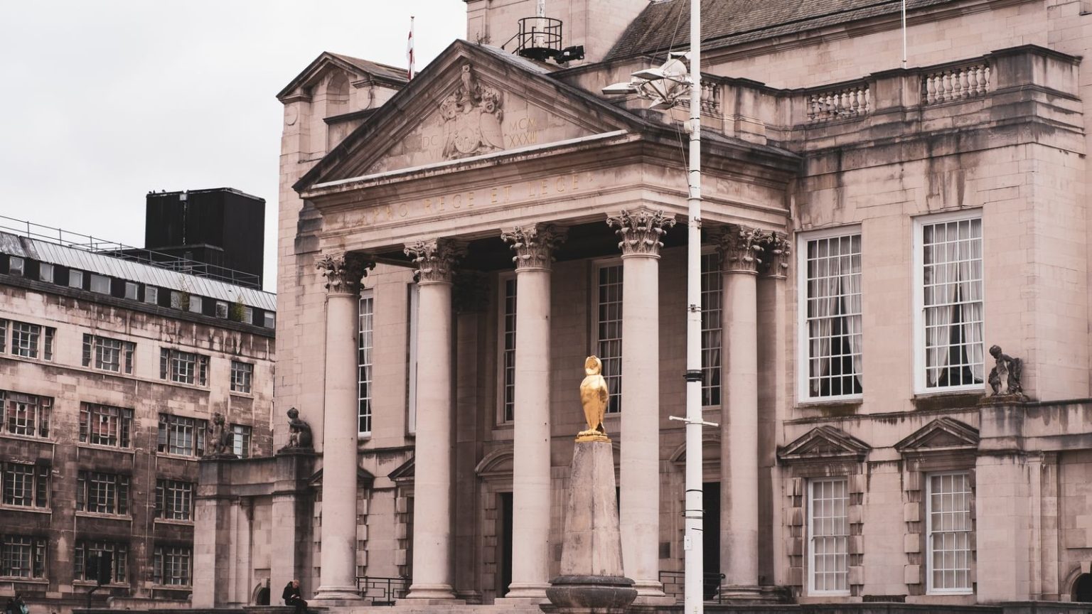 Leeds Civic Hall, the seat of Leeds City Council, with its columned portico and gilded owl statue Leeds Civic Hall, the seat of Leeds City Council, with its columned portico and gilded owl statue