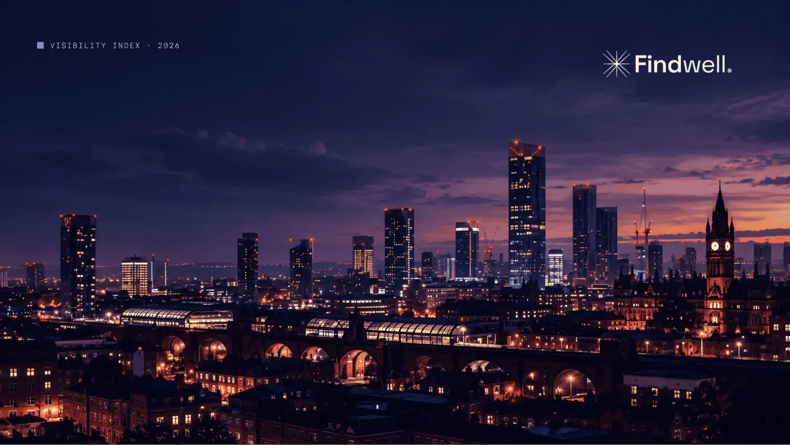 Manchester Law Firm Visibility Index 2026 Manchester city skyline at night, Findwell Manchester Law Firm Visibility Index 2026