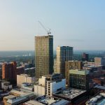 Aerial view of the Birmingham skyline in daylight